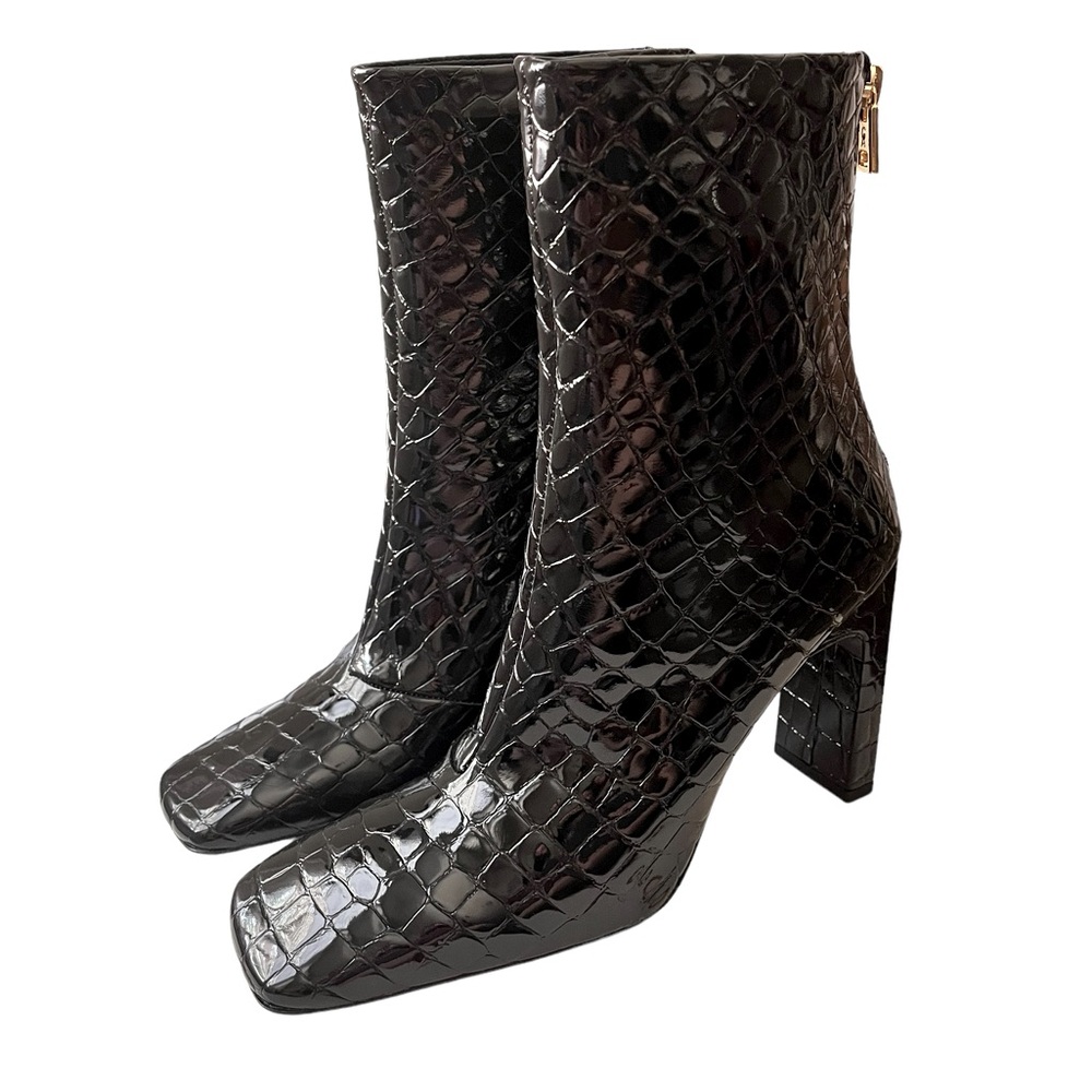 Good American Black‎ Croc Embossed Square Toe Mid-Calf Boots Size 6